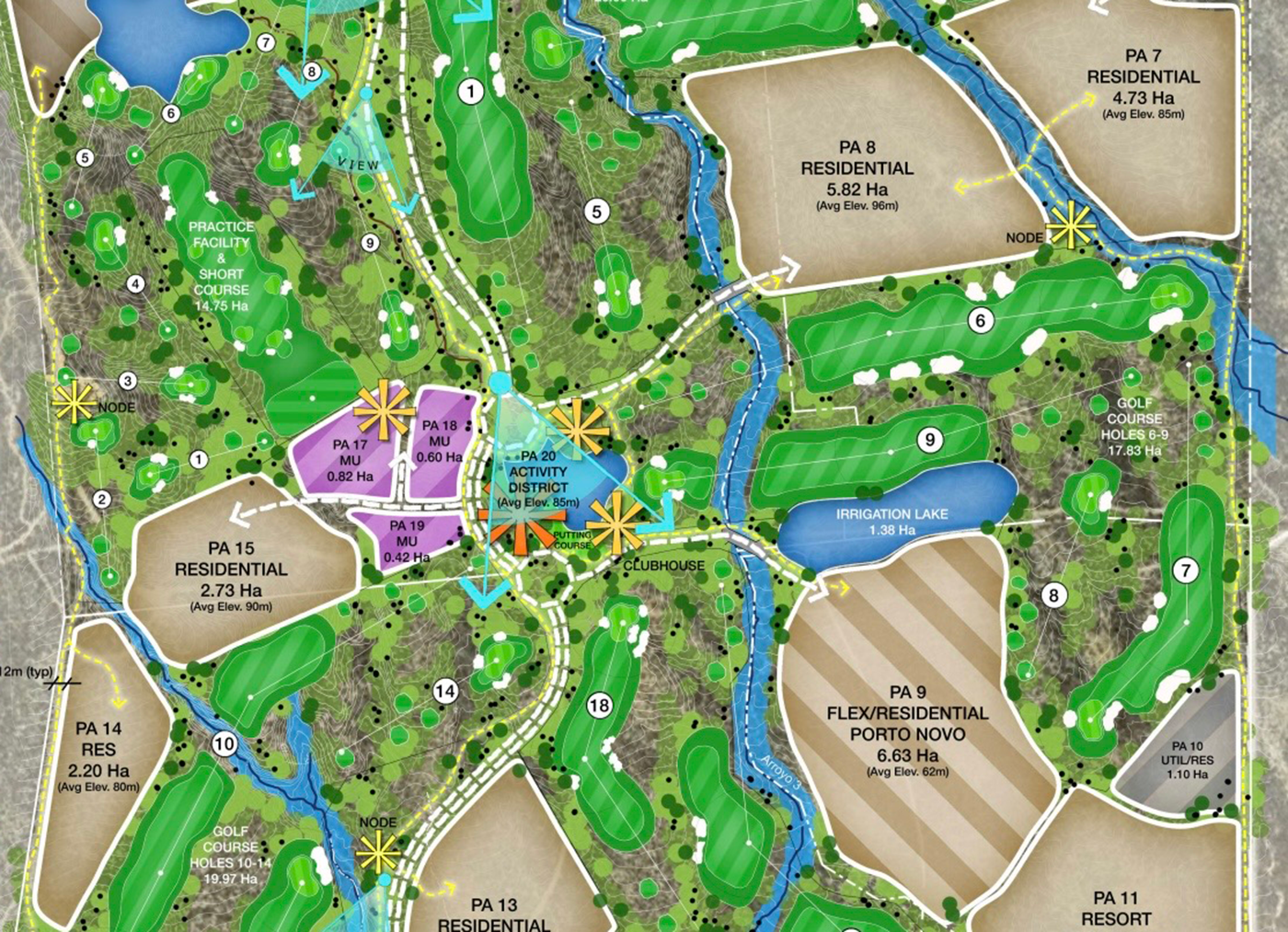 Golf course community master plan with residential areas, water features, and clubhouse layout