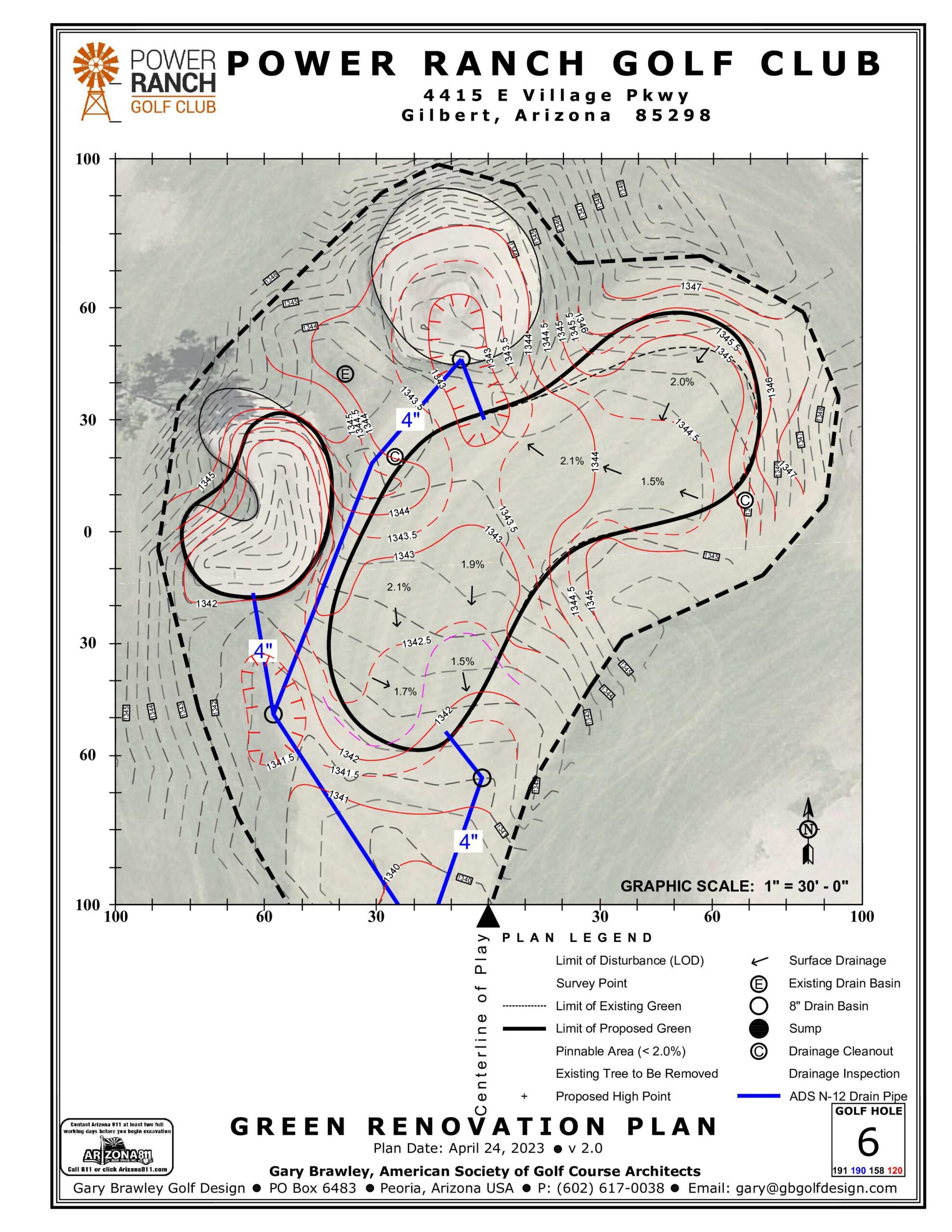Hole 6 green renovation plan at Power Ranch Golf Club showing proposed contours and drainage design